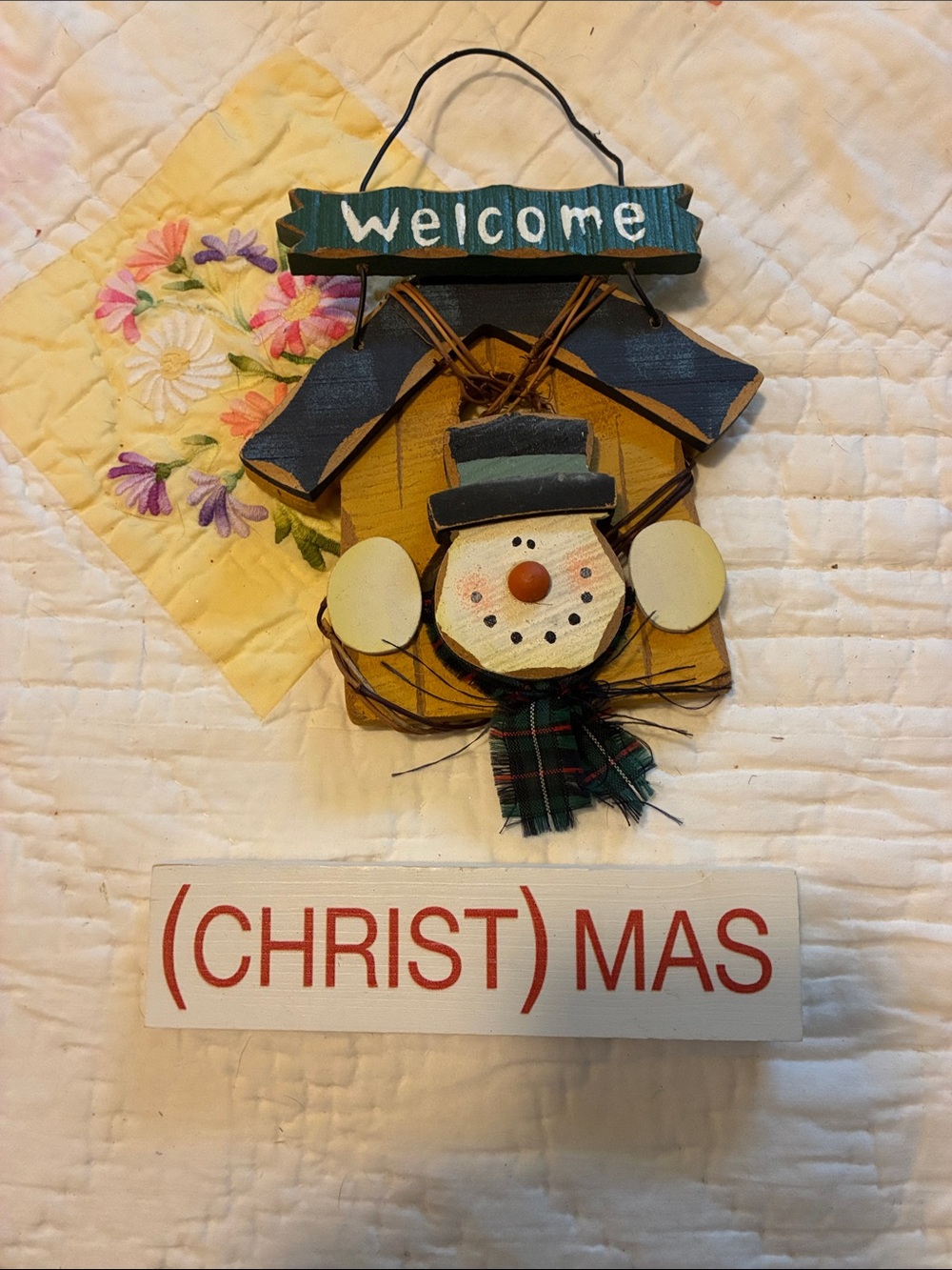 Welcome Snowman Holiday Wall Hanging - Yellow and Blue Christmas/mas
